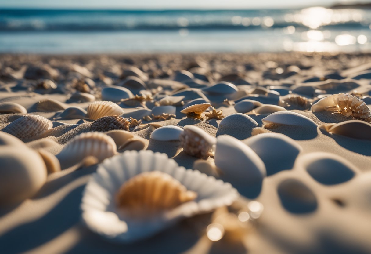 Sandy beaches at low tide, scattered with shells of various shapes and sizes, with gentle waves lapping at the shore under a clear blue sky