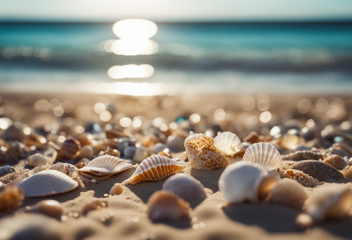 The sun-kissed shore is dotted with vibrant seashells, carefully collected in a sustainable manner. The crystal-clear waters lap gently against the sandy beach, creating a serene and ethically conscious shelling paradise