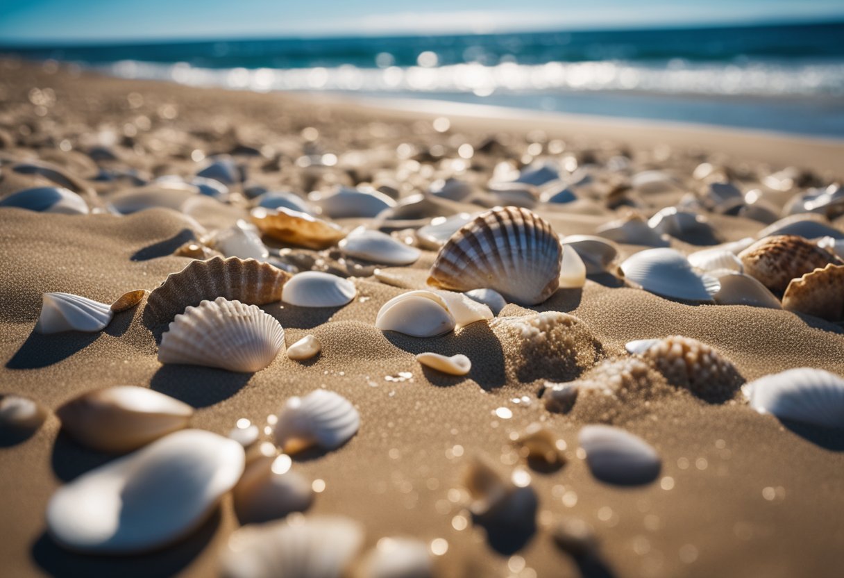 Sandy beach with waves lapping at the shore, scattered seashells of various shapes and sizes, surrounded by rugged coastline and clear blue skies