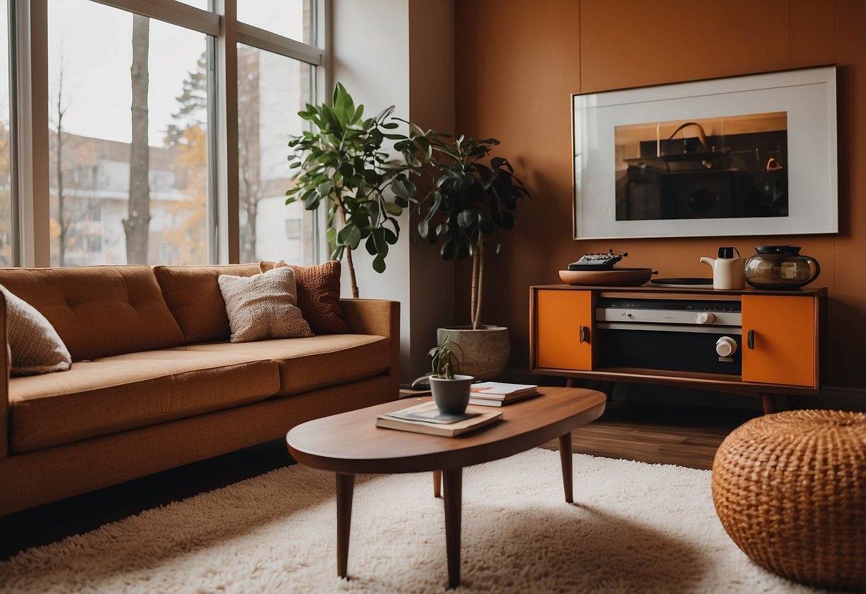 A living room with earthy tones, shag carpet, and orange accents. A retro record player sits on a wooden coffee table, surrounded by mid-century modern furniture