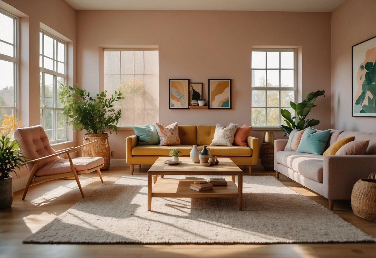 A cozy living room with soft pastel walls, 70s-inspired furniture, and colorful decor. Sunlight streams in through large windows, casting a warm glow on the space