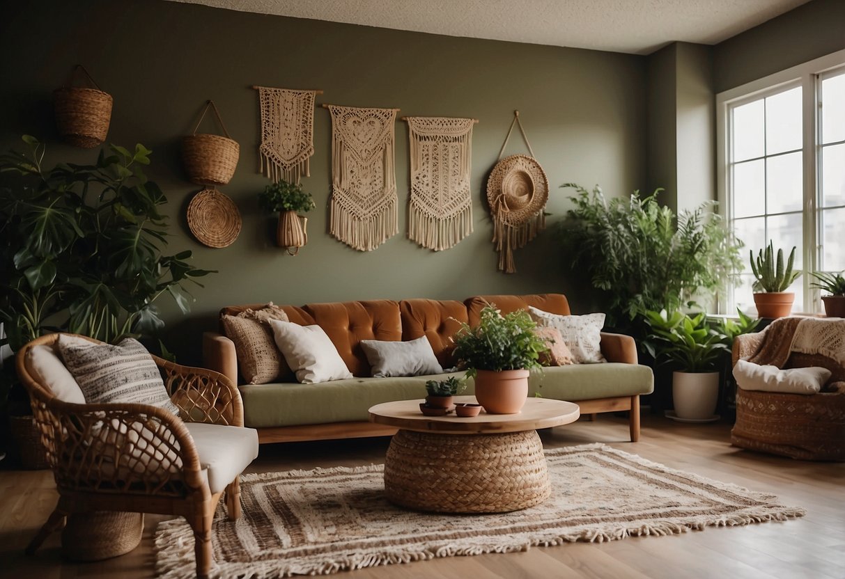 A cozy living room with earthy tones, macrame wall hangings, and vintage furniture. A shag rug and patterned throw pillows add texture, while potted plants bring a touch of nature indoors