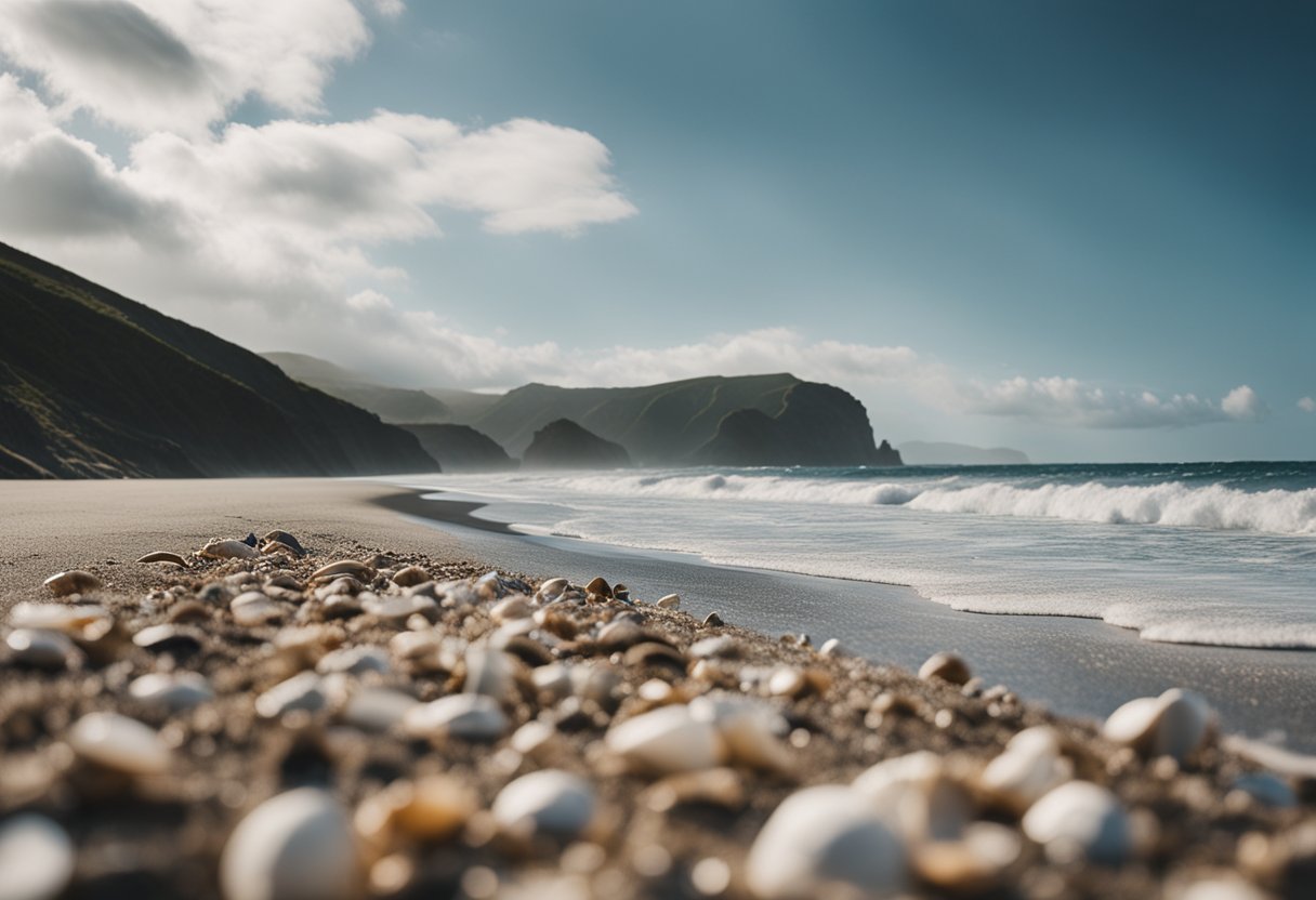 Sandy shores with scattered shells, crashing waves, and distant cliffs under a cloudy sky