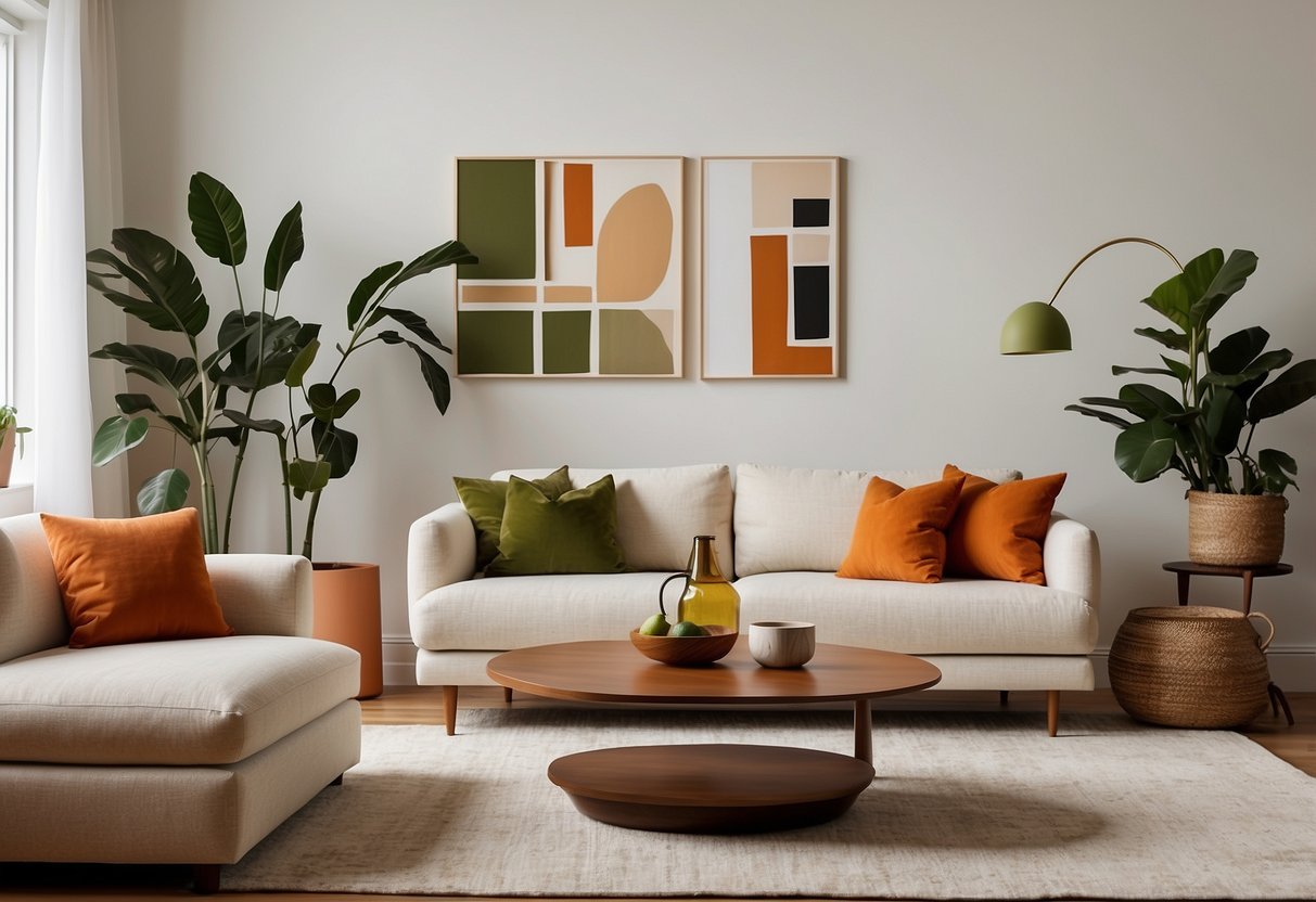 A living room with white walls, cream-colored furniture, and pops of avocado green and burnt orange accents. Clean lines and simple shapes create a minimalist 70s vibe