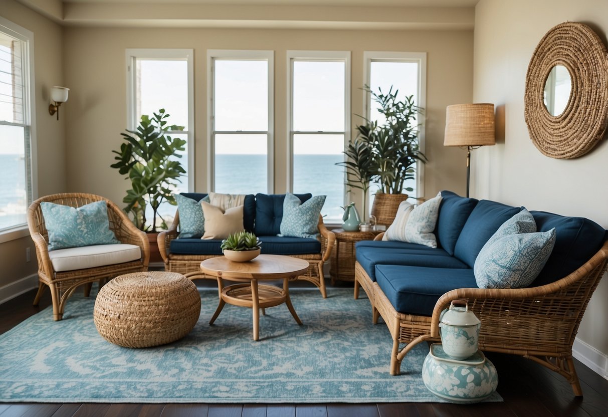 A living room with a teal sofa, navy blue accent wall, and cream-colored rug. A rattan chair with blue cushions and a wooden coffee table complete the coastal 70s vibe