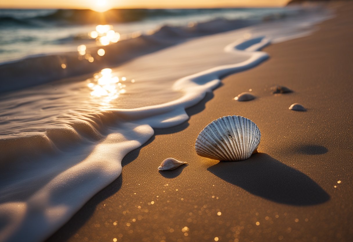 The sun sets over Silver Strand, casting a golden glow on the sandy shore. Seashells glisten in the fading light, scattered along the water's edge