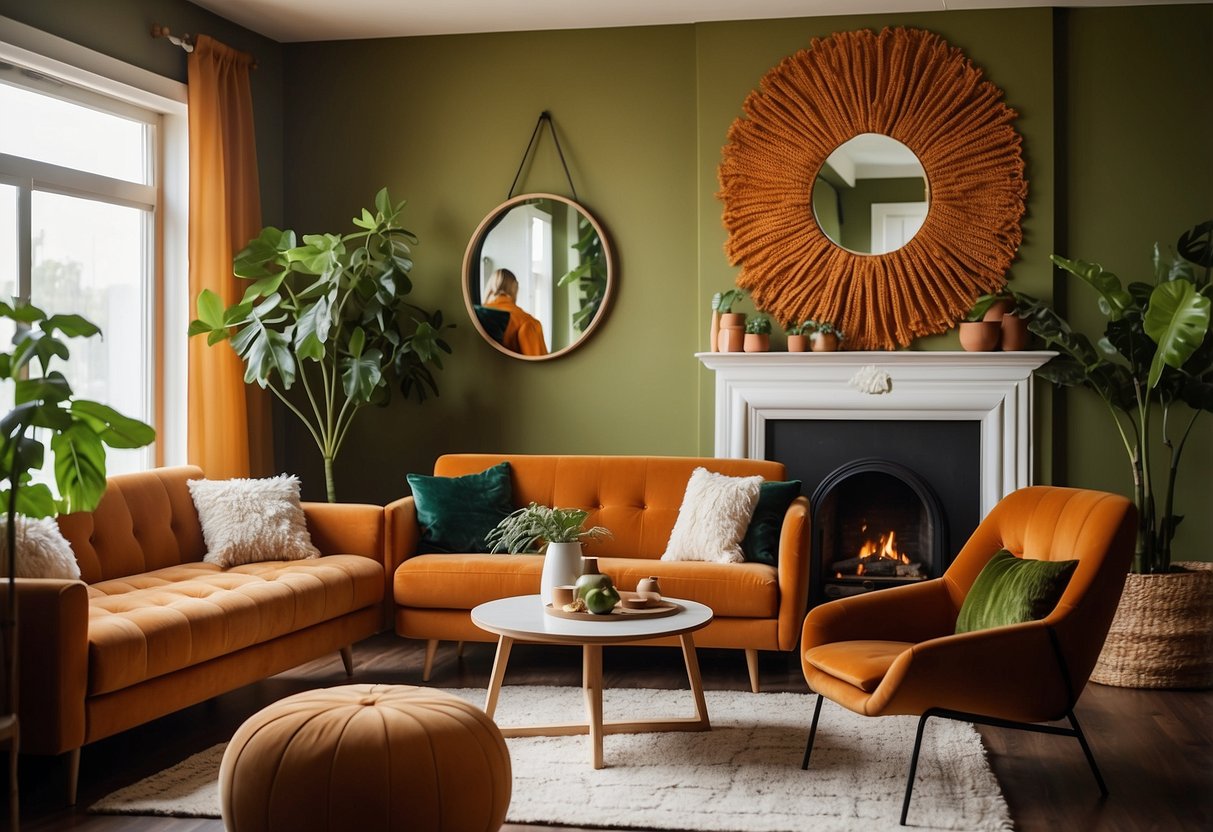 A cozy living room with earthy tones, featuring a burnt orange sofa, avocado green accent chairs, and a shaggy brown rug. The walls are adorned with macrame wall hangings and a large sunburst mirror