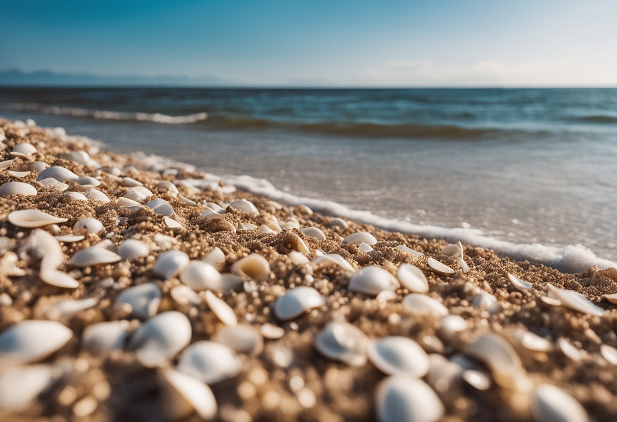 A sandy shore with scattered shells, waves gently lapping the coastline under a clear sky