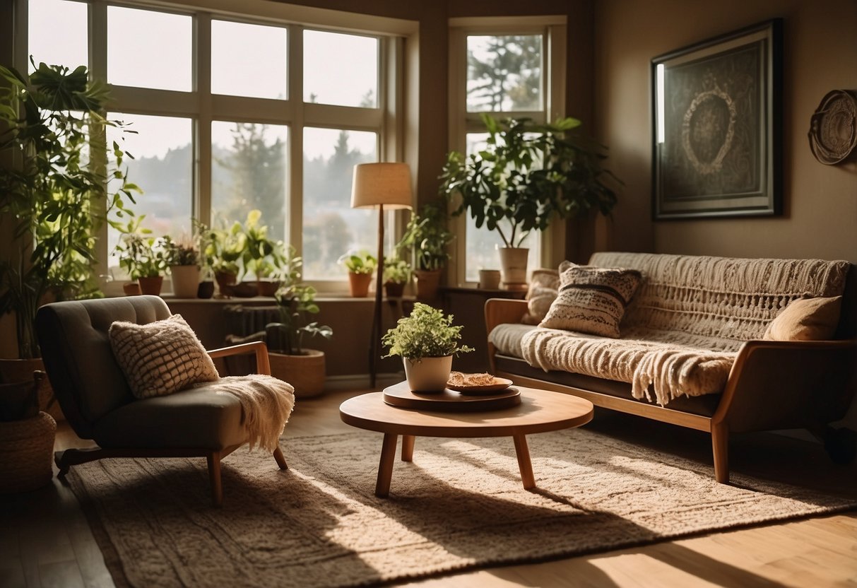 A cozy living room with earthy tones, macrame wall hangings, and vintage furniture. Sunlight streams through large windows, casting warm hues on the shag carpet and retro wallpaper