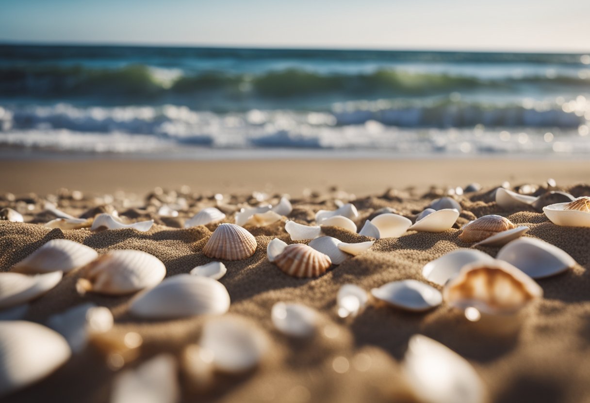 Sandy beach with scattered seashells, waves gently breaking on shore, cliffs in the distance