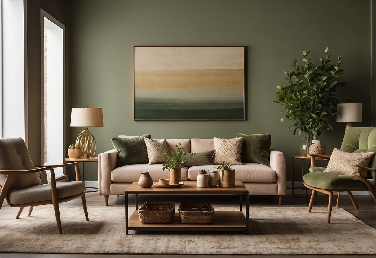 A living room with earthy brown, muted green, and soft beige furniture. Textured wall art and vintage rugs add depth to the space