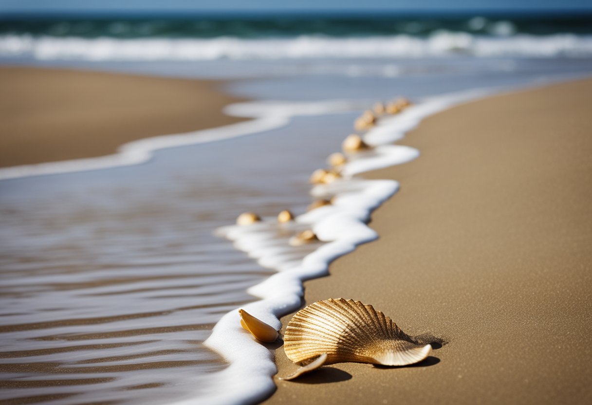 Golden sand stretches along the shore, scattered with colorful shells. Waves crash gently, as seagulls soar overhead. Rocky cliffs frame the scene