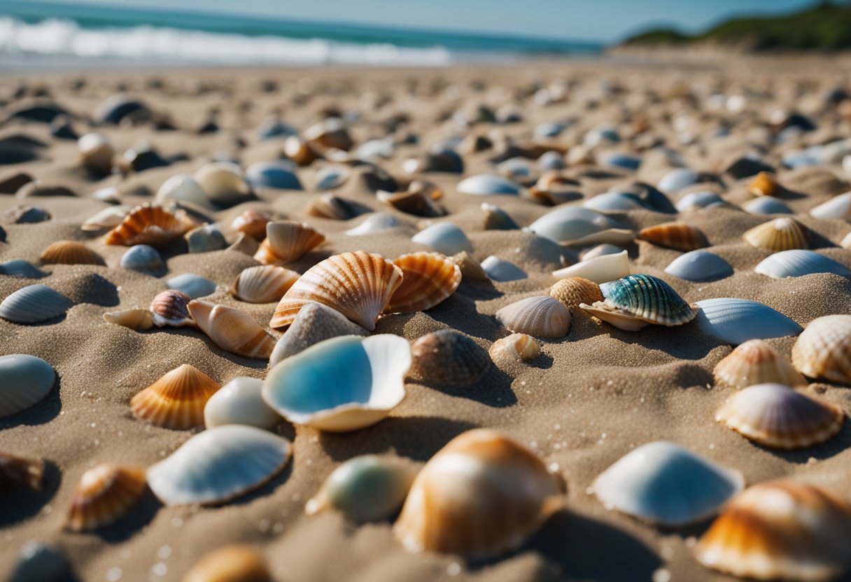 A collection of colorful shells scattered along the sandy shore, with waves gently lapping at the edge of the beach. A rocky outcrop in the distance adds to the picturesque scene