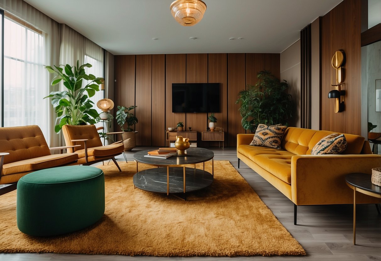 A living room with mustard yellow, avocado green, and burnt orange furniture. Wood paneling and shag carpeting create a 70s vibe. Metal accents and geometric patterns add an industrial touch