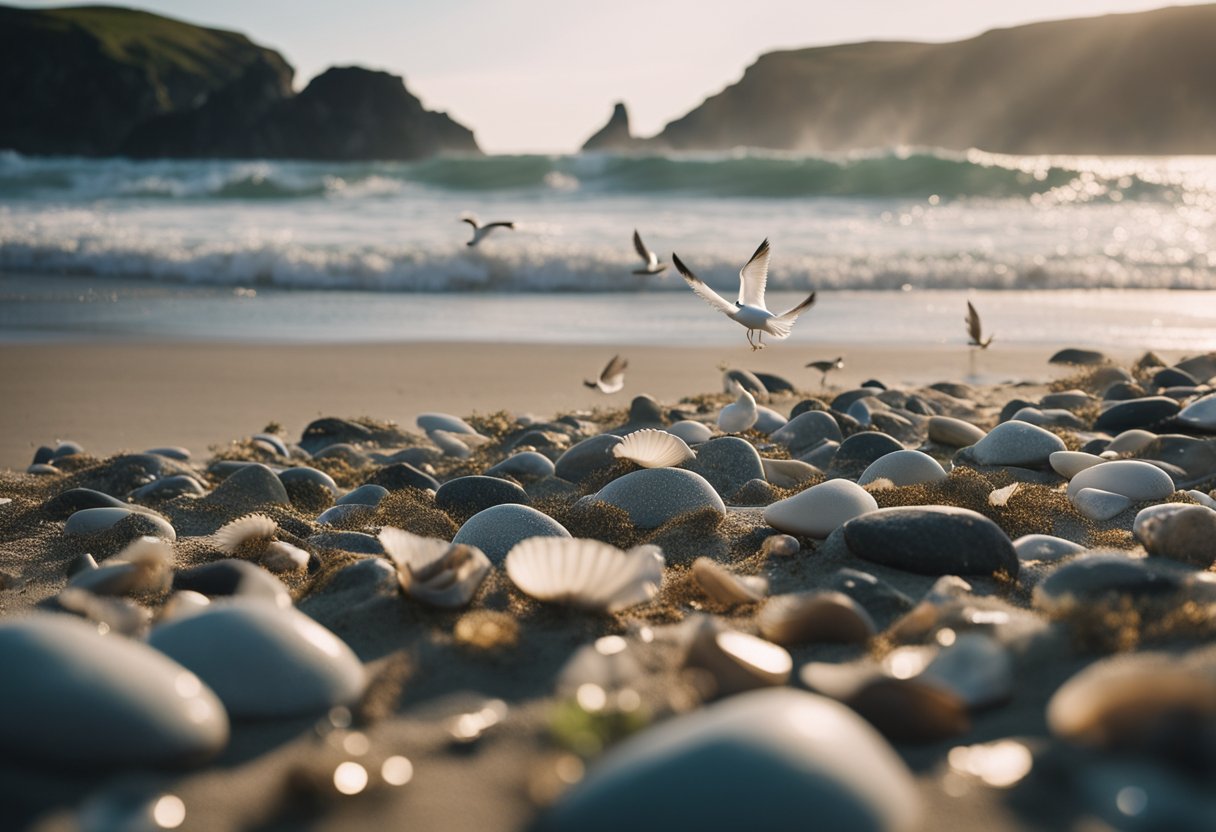 A rocky Irish beach with scattered shells, seaweed, and sand dunes in the background. Waves crash against the shore, and seagulls fly overhead