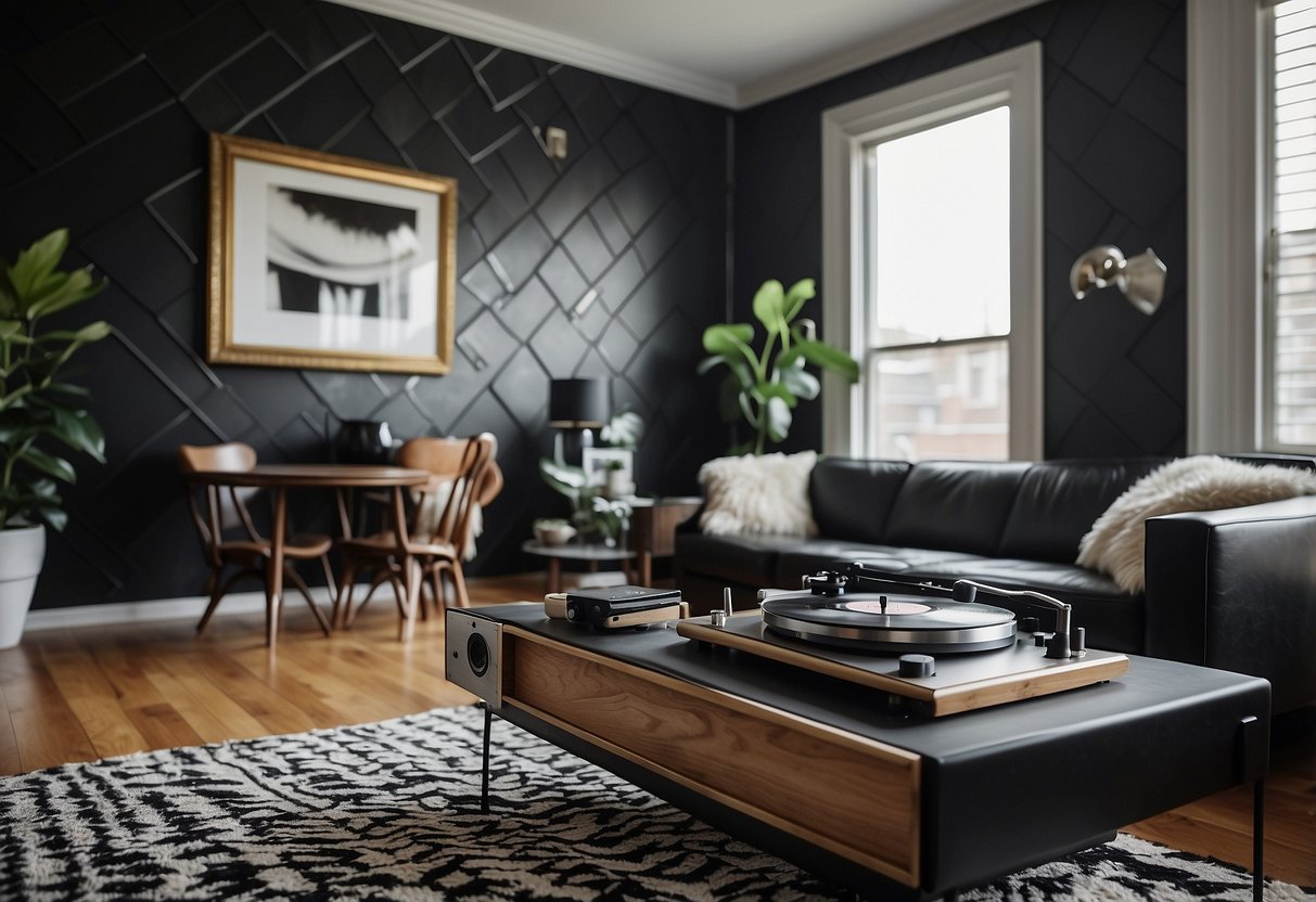 A living room with a black leather sofa, white shag rug, and a geometric patterned wallpaper. A record player sits on a vintage wooden coffee table, next to a black and white framed photograph