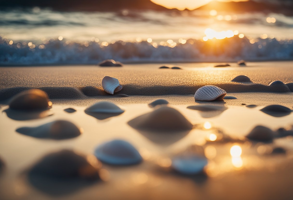 The sun sets over a serene beach, with waves gently lapping the shore. Seashells of various shapes and sizes are scattered across the sand, waiting to be collected