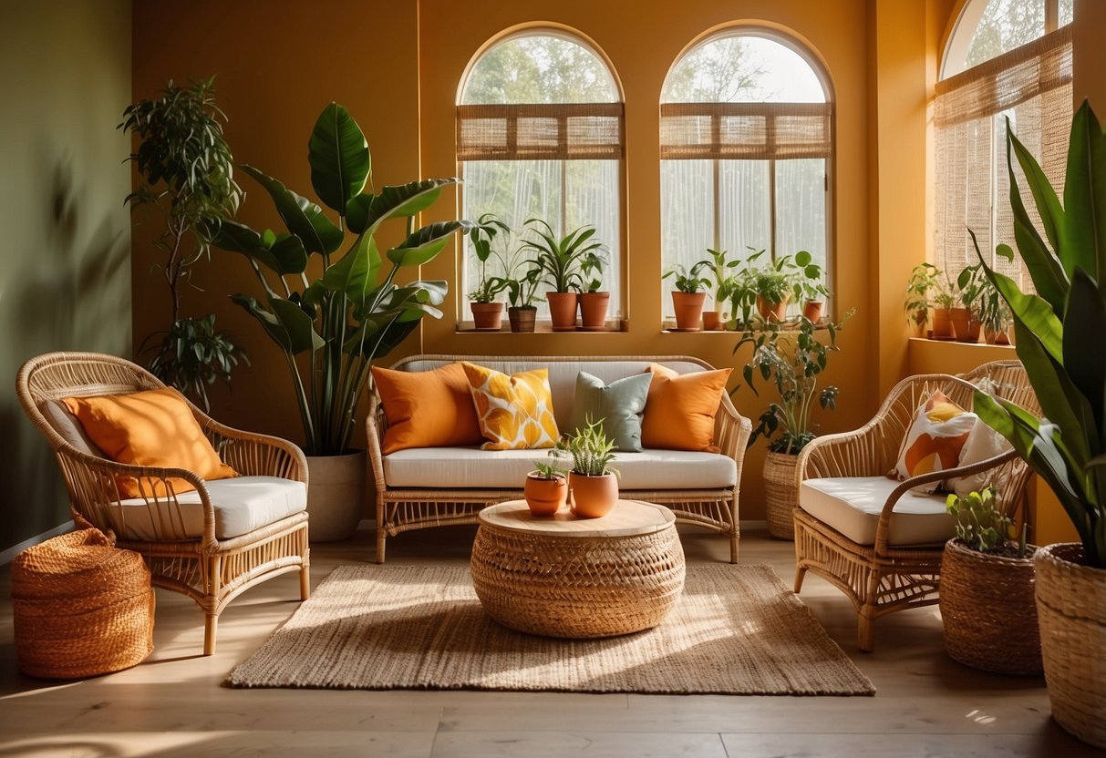 A sunlit living room with rattan furniture, macrame wall hangings, and potted plants in earthy tones and vibrant pops of orange, yellow, and green