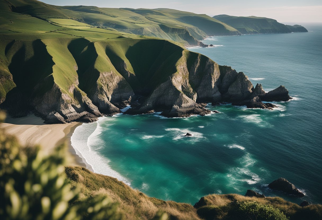 A rugged coastline with crashing waves, scattered seashells, and a backdrop of dramatic cliffs and rolling green hills