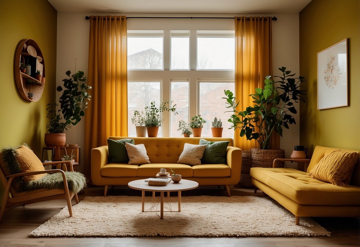 A cozy living room with mustard yellow walls, burnt orange curtains, and avocado green furniture. A shaggy cream rug and macrame wall hangings complete the 70s vibe