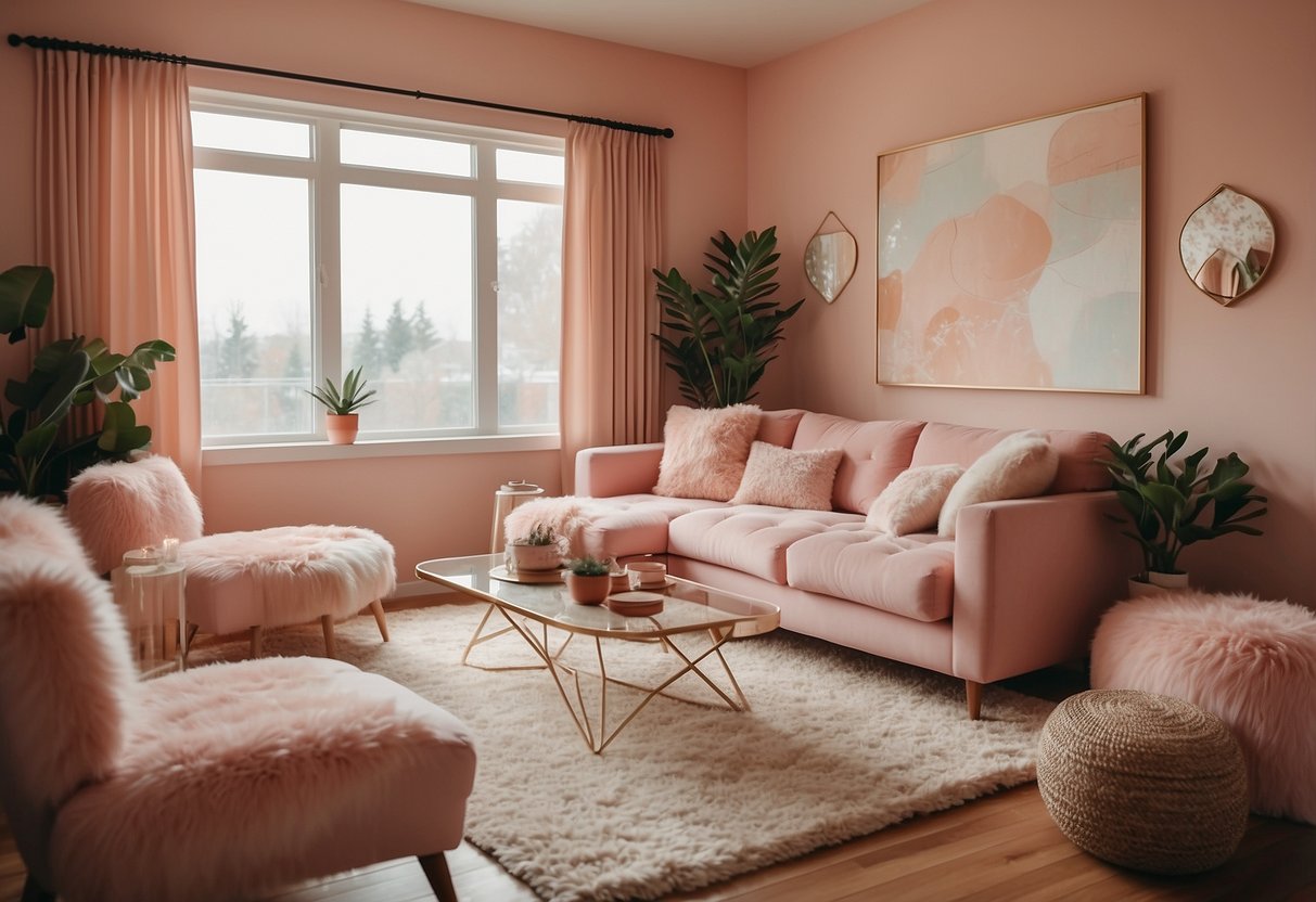 A cozy living room with blush pink furniture, shaggy rugs, and retro wall art in a 70s color palette