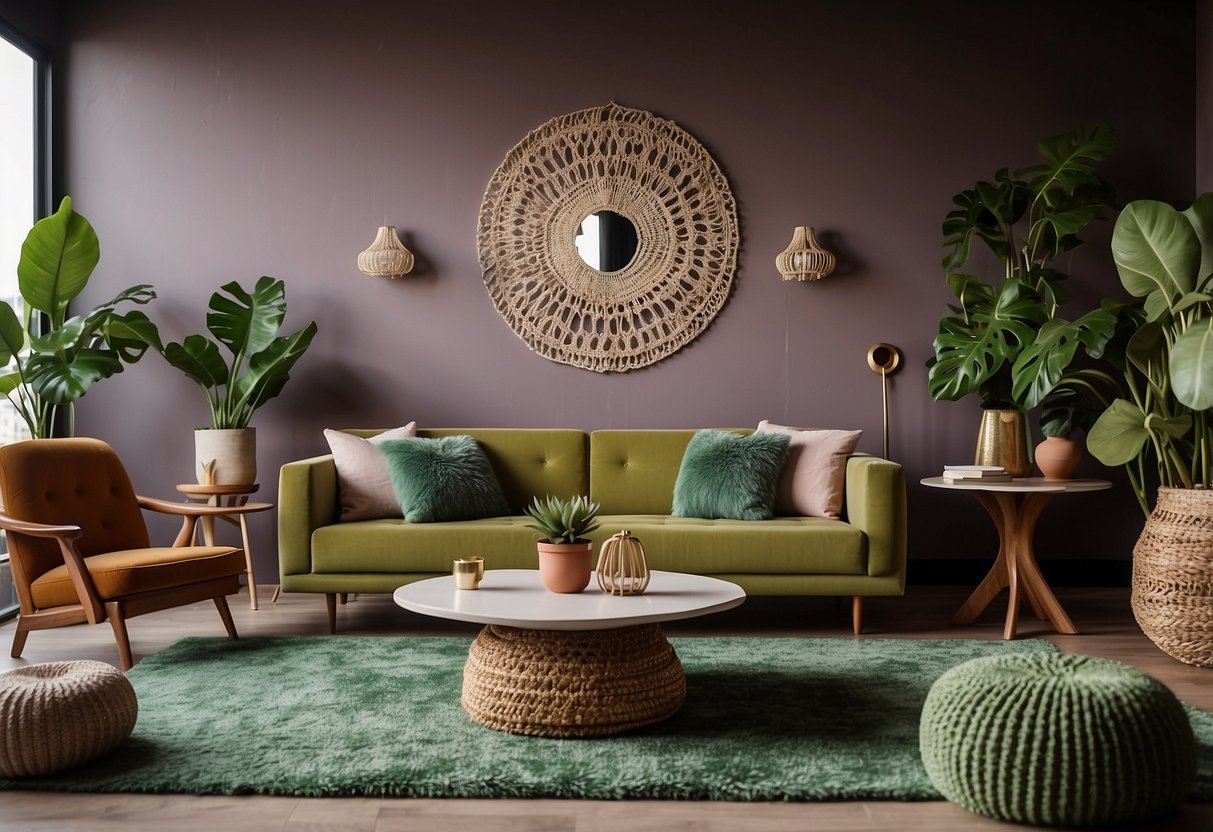 A living room with a muted mauve sofa, avocado green accent chairs, and a shag rug. A macrame wall hanging and sunburst mirror complete the 70s vibe