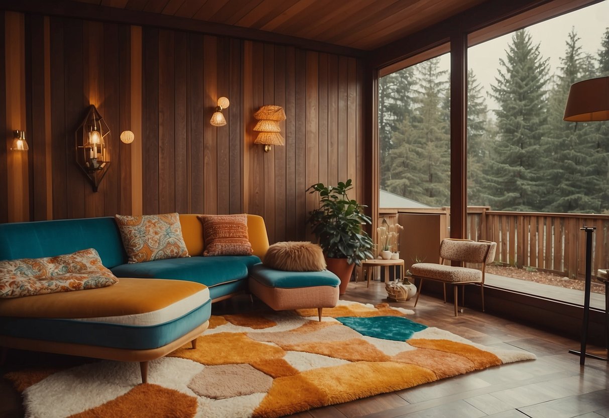 A 70s home exterior with colorful geometric patterns, wood paneling, shag carpeting, and retro lighting fixtures