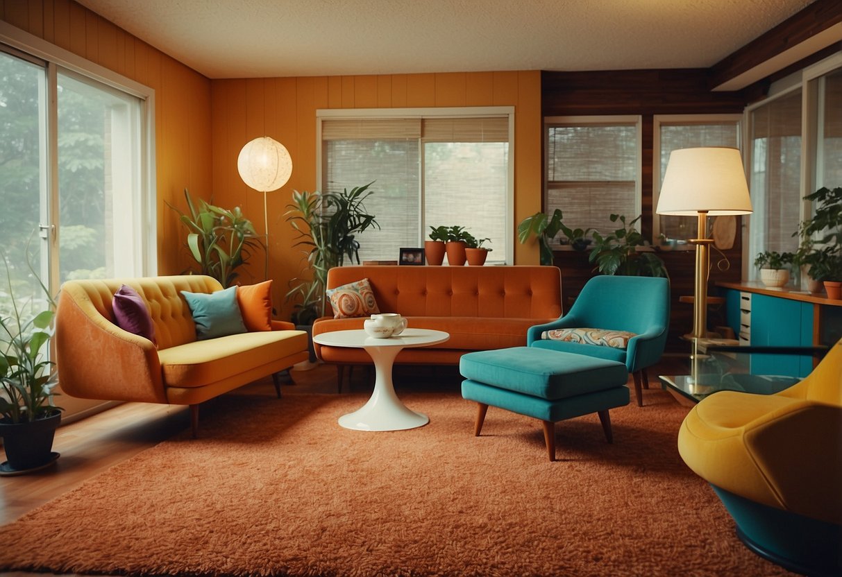 A 70s home exterior with shag carpeting, vibrant colors, and geometric patterns. Retro furniture and a lava lamp add to the nostalgic vibe