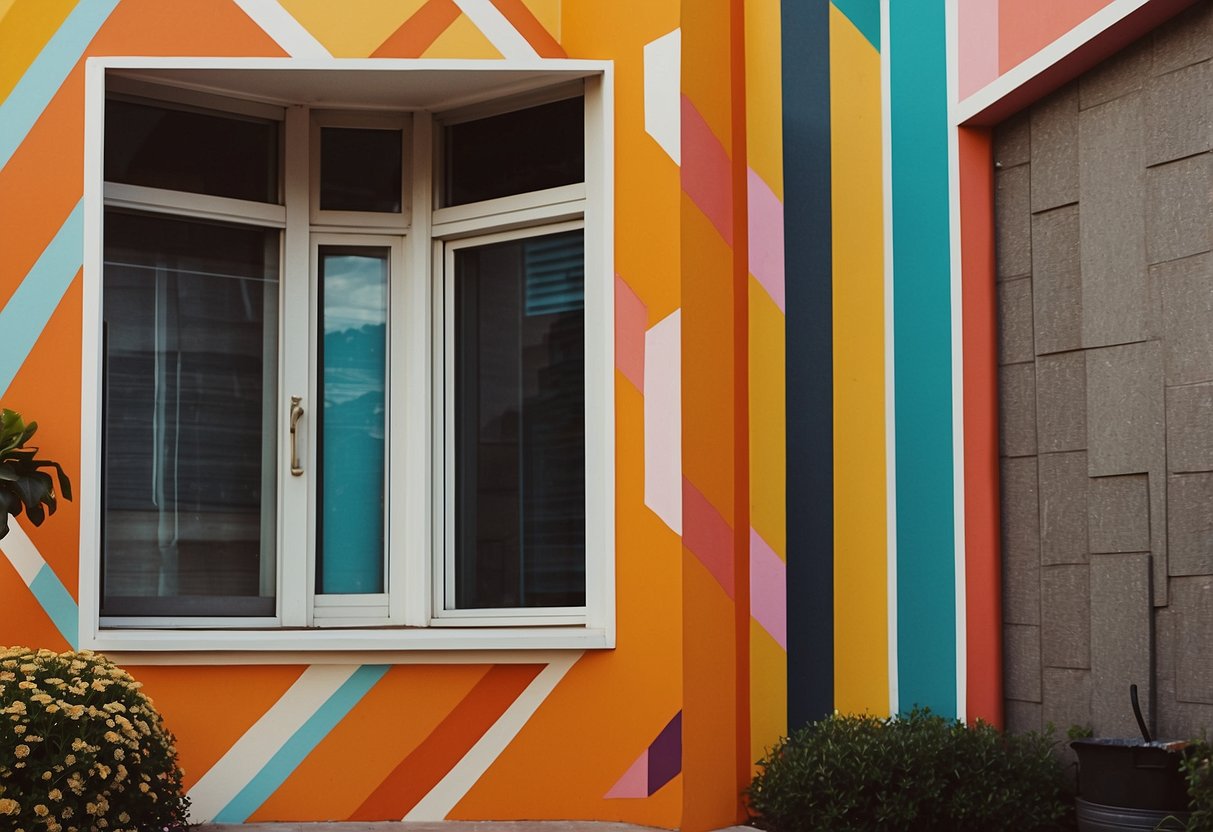 Vibrant, angular patterns adorn 70s home exteriors, with bold colors and geometric shapes creating a striking visual impact