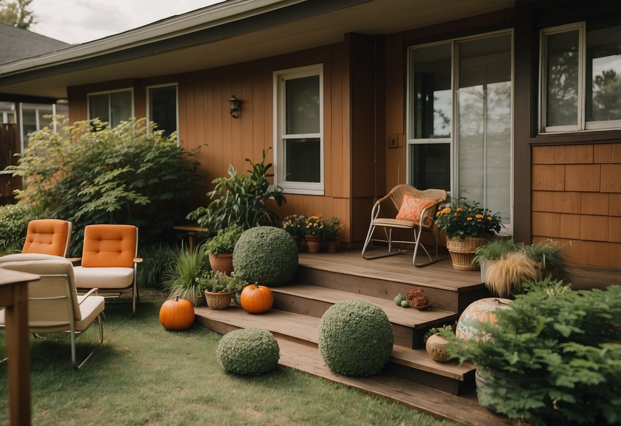 A 70s home exterior with earthy brown, green, and orange tones. Wood paneling, shag carpet, and retro furniture