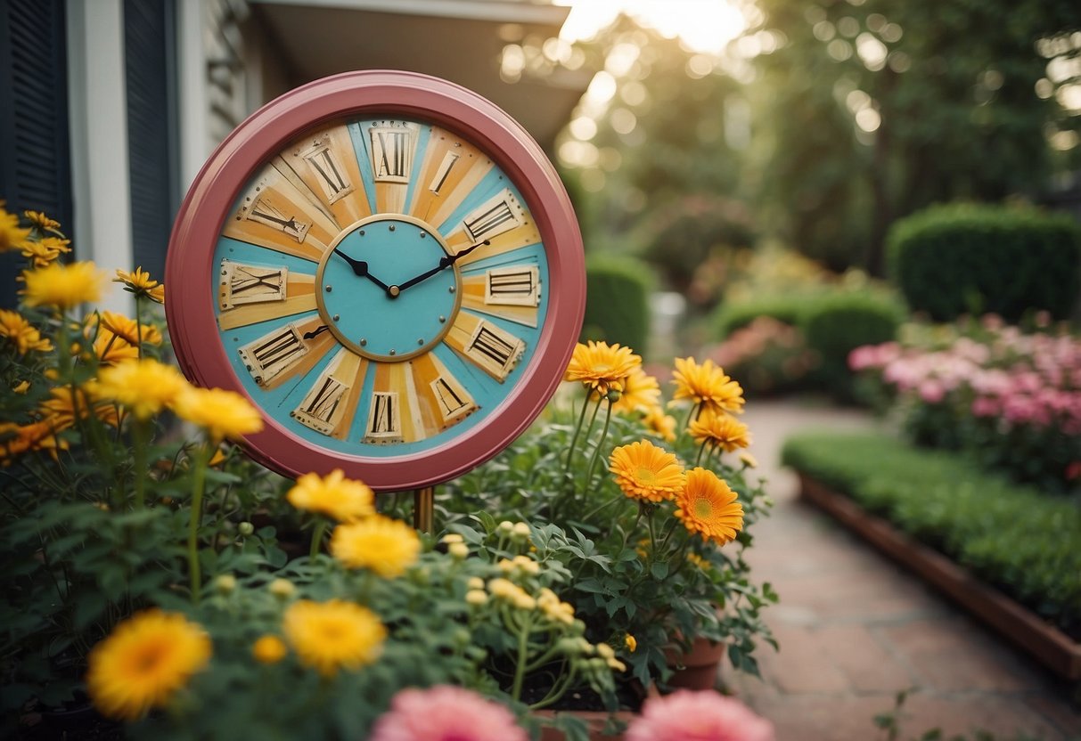 A vibrant Sunburst Wall Clock hangs on a retro 70s home exterior, surrounded by colorful flower beds and vintage outdoor furniture