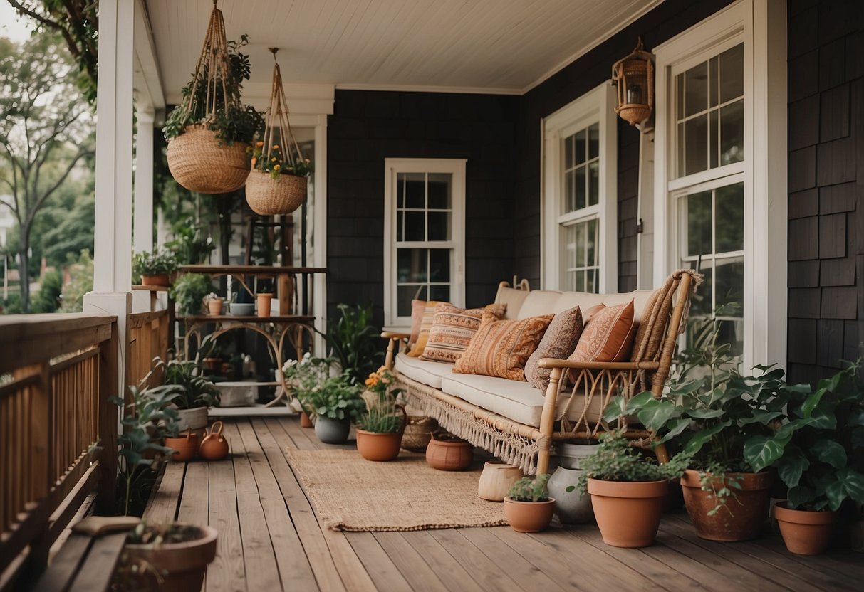 A cozy 70s home exterior with macramé plant hangers adorning the porch, adding a touch of bohemian charm to the outdoor space