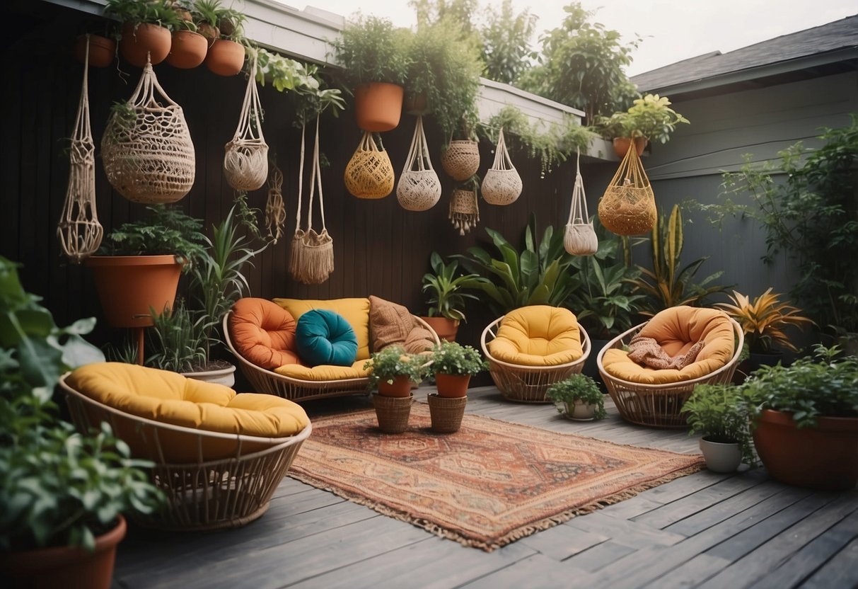 A 70s home exterior with bean bag chairs arranged in a colorful and inviting manner, surrounded by potted plants and hanging macrame decorations