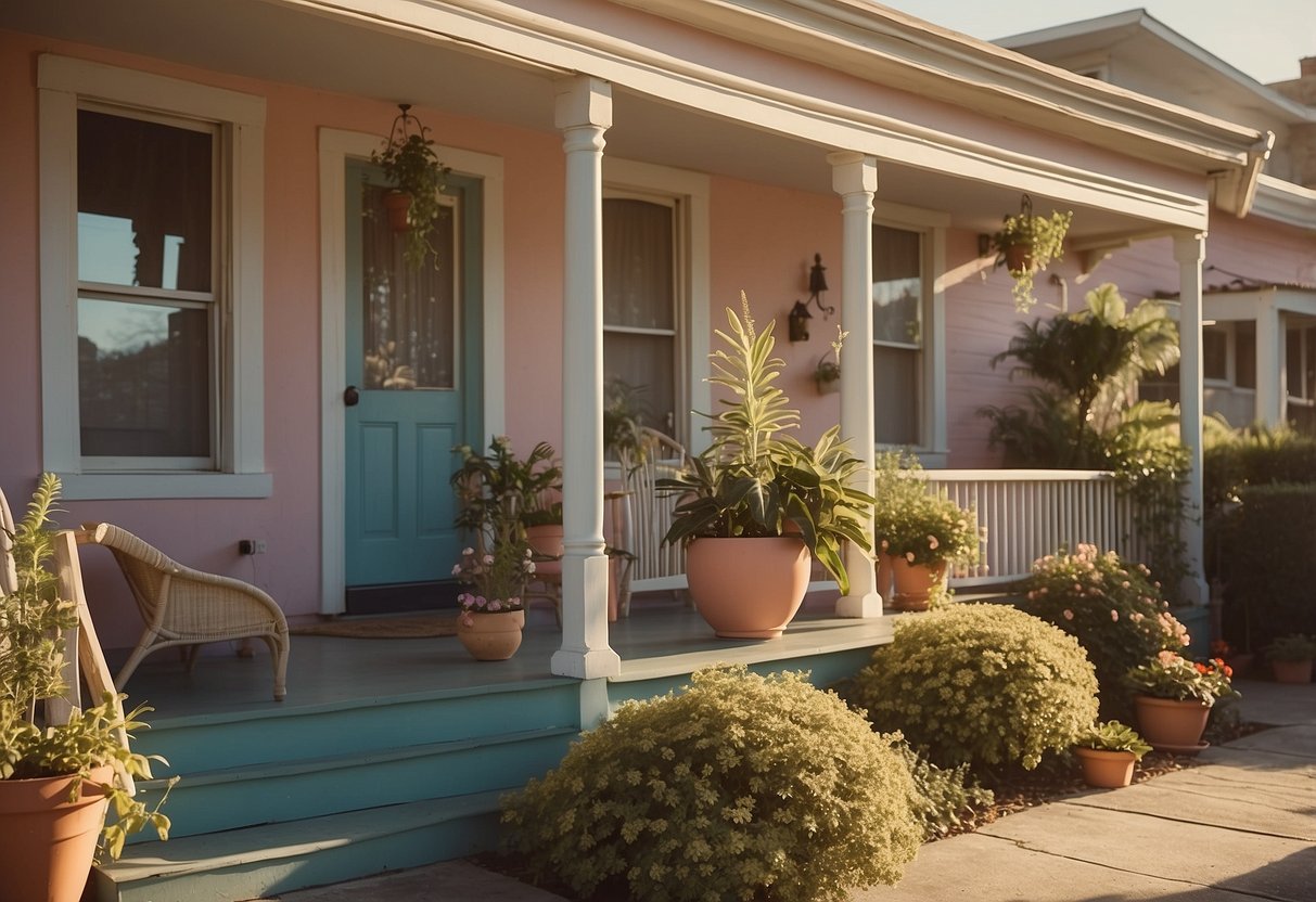 A 70s home exterior with pastel colored walls, retro furniture, and hanging plants. Sunlight casts long shadows on the porch