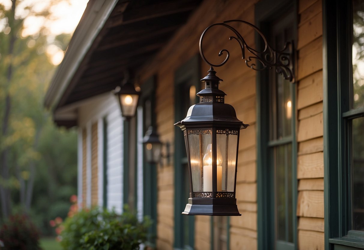 Old lanterns hang from eaves and porch posts, casting warm light on a 1970s home exterior. Rustic charm meets retro style