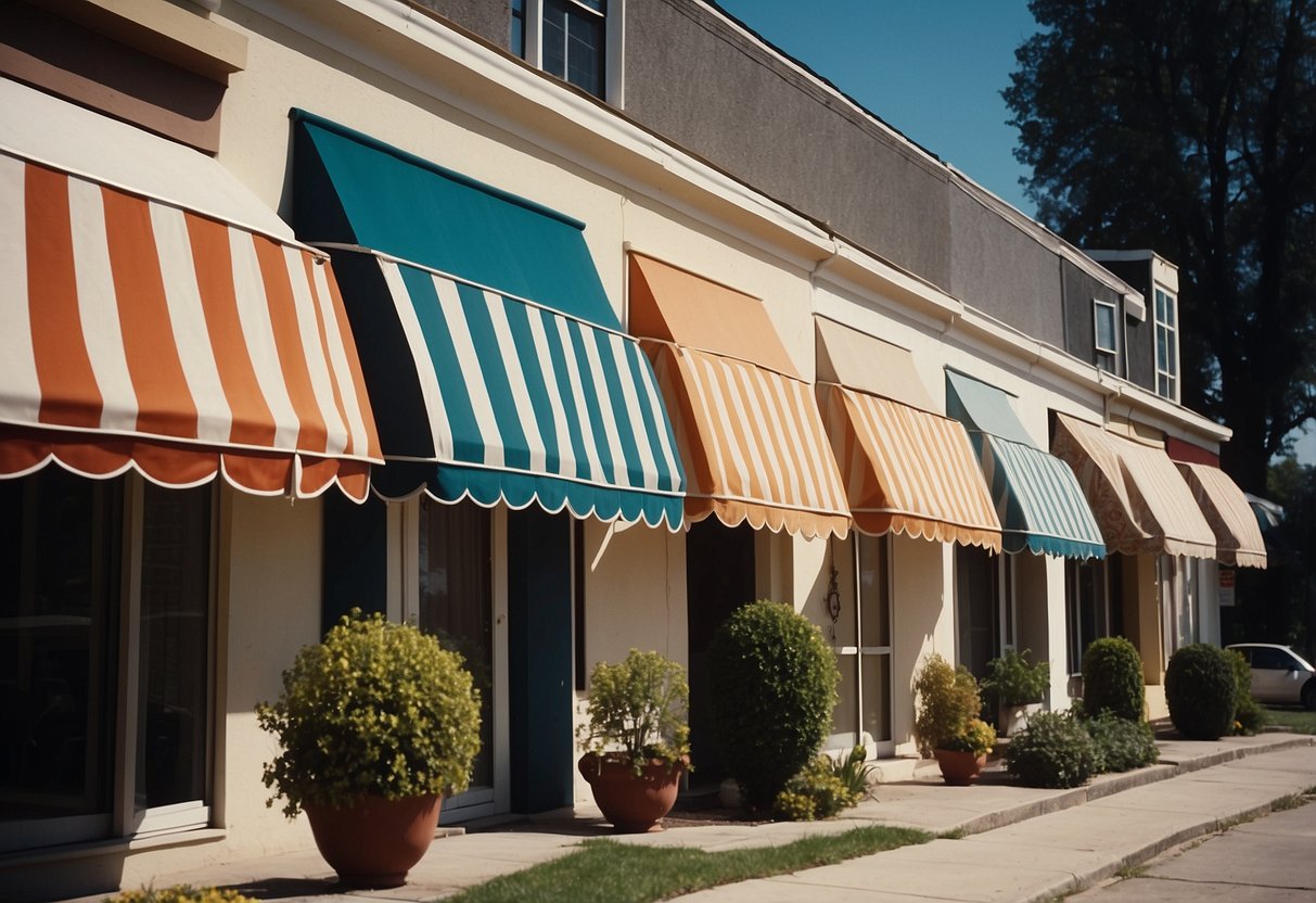 A 1970s home exterior with classic awnings in bold colors, geometric patterns, and scalloped edges. The awnings are mounted above windows and doors, providing shade and adding a retro charm to the facade