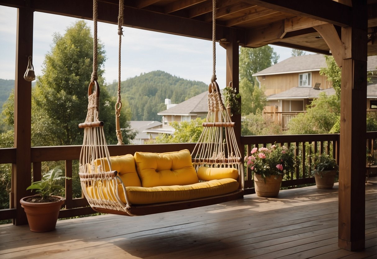 Two retro swing chairs hang from a wooden beam on a 70s home exterior. Brightly colored cushions and macrame plant hangers add a vintage touch