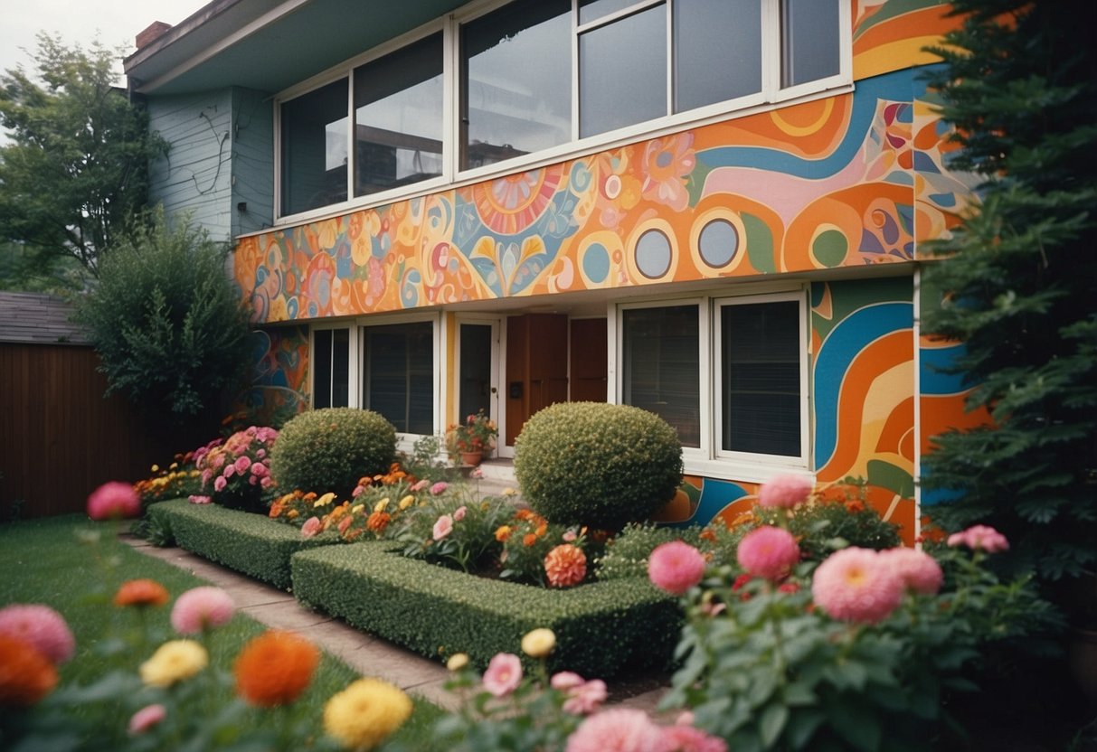 A colorful array of bold, geometric patterns adorning the exterior of a 1970s home, incorporating vibrant floral motifs and psychedelic designs