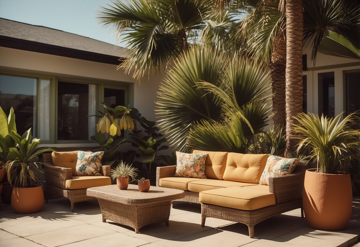 A 70s home exterior with palm tree prints adorning the walls and patio furniture, creating a retro and tropical vibe