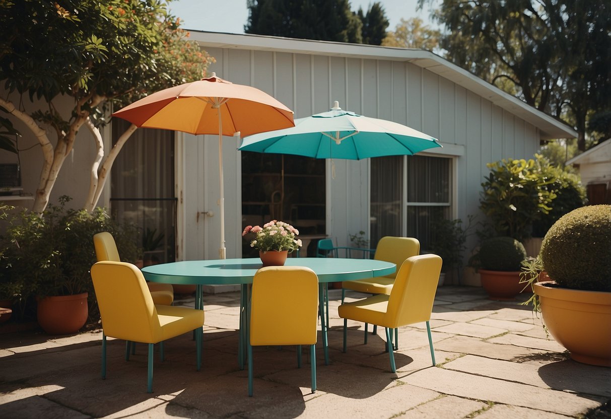 A retro 70s home exterior with Formica table tops, colorful chairs, and a patterned umbrella shading the table