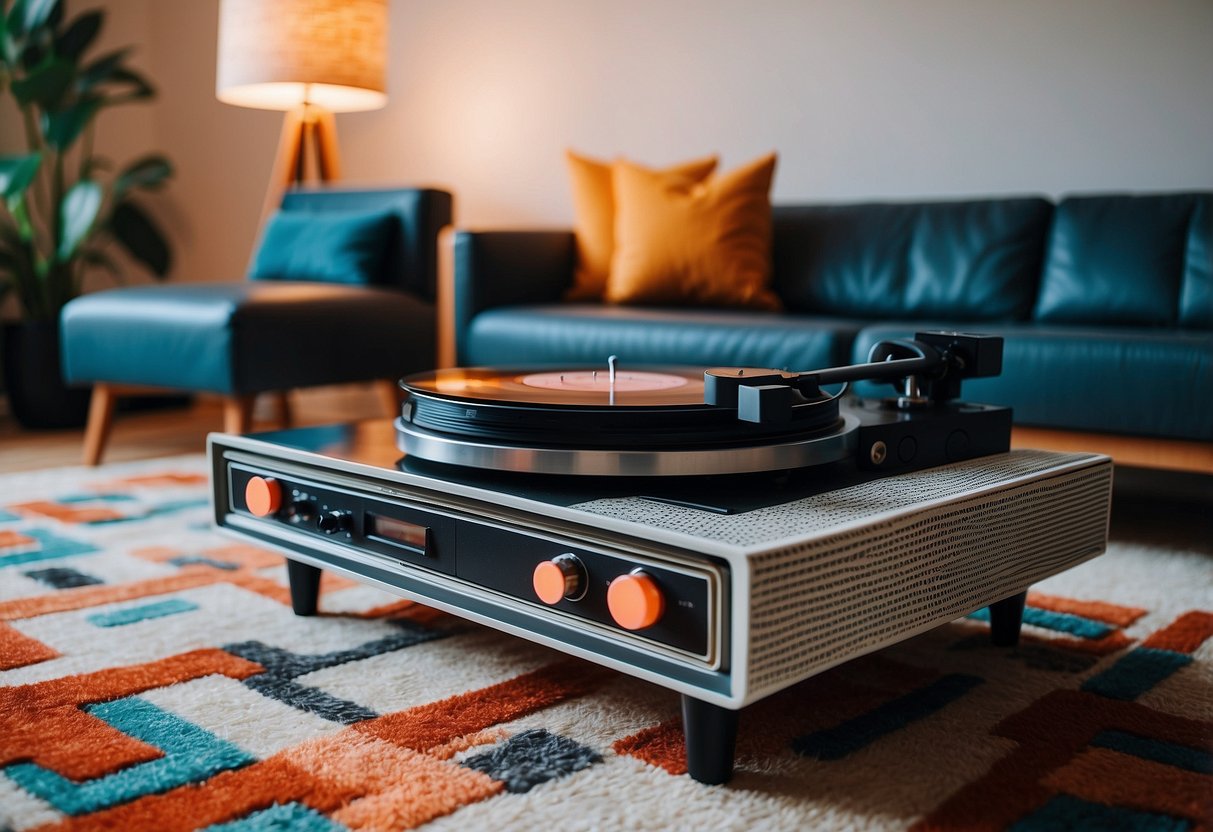 A living room with bold geometric patterns, neon accents, and oversized furniture. A record player sits on a shag carpet next to a lava lamp