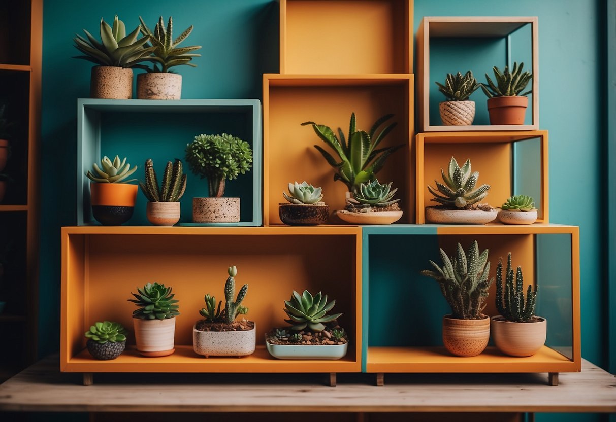 A retro living room with vibrant colors and geometric patterns. Succulent terrariums adorn the shelves, adding a touch of greenery to the 80s-inspired decor