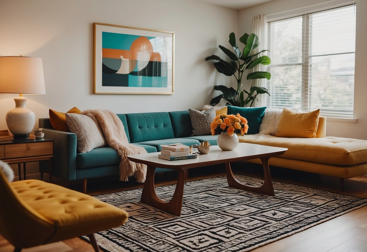 A living room with a sleek Mid-Century Modern coffee table, surrounded by geometric patterned rugs and bold, vibrant 80s home decor accents