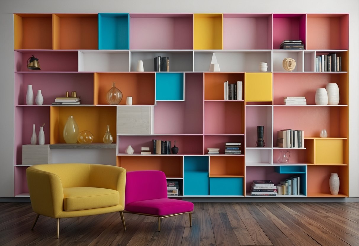 A room with brightly colored geometric wall shelves, showcasing 80s home decor ideas