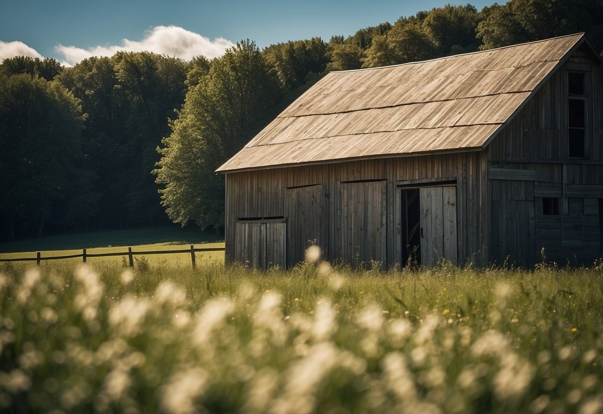 A weathered barn with large, sliding doors stands against a backdrop of green fields and blue skies, evoking a sense of nostalgia for 80s home decor