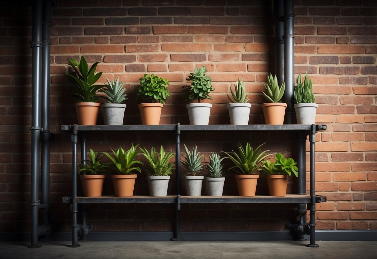 Industrial pipe shelving units arranged against a brick wall with vintage decor and plants