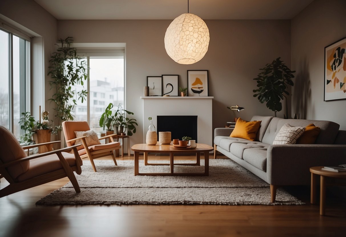 A cozy living room with Scandinavian floor lamps casting warm light on a retro 80s decor, featuring bold patterns and geometric shapes