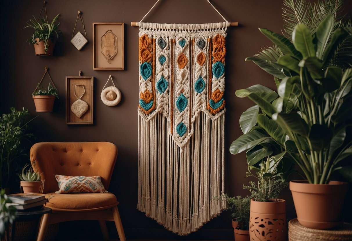 A colorful macrame wall hanging adorns a bohemian-style room, with vibrant patterns and fringe, evoking 80s home decor vibes