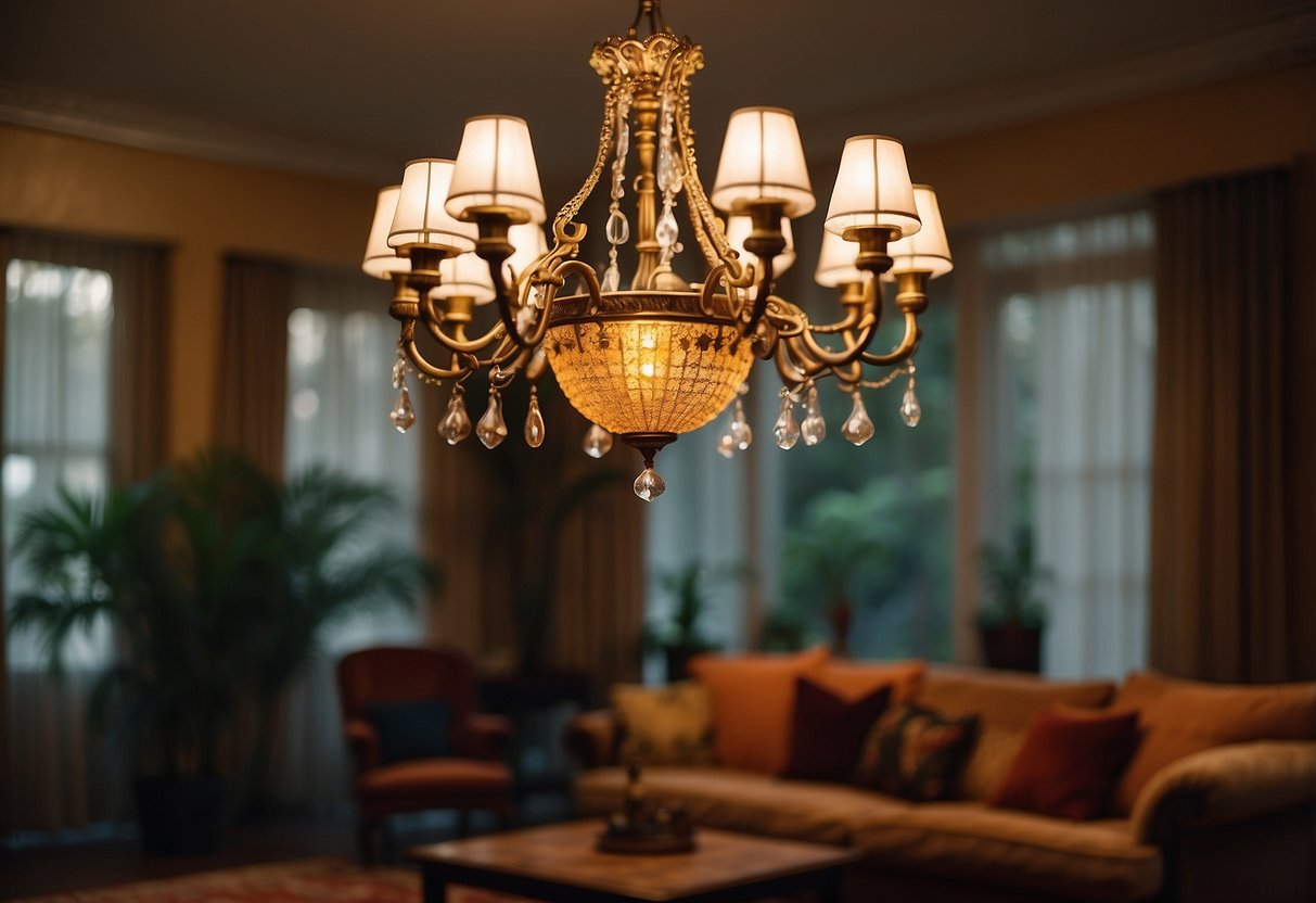 An elegant antique brass chandelier hangs from the ceiling, casting a warm glow over a vintage 80s living room with bold, colorful decor