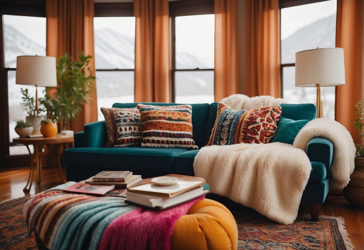 A cozy living room with sheepskin throw blankets draped over a plush couch. 80s decor includes bold patterns, bright colors, and geometric shapes